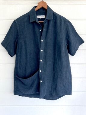 BLLUEMADE 100% Linen Short Sleeved Button Up Shirt in Dark Indigo Blue - S